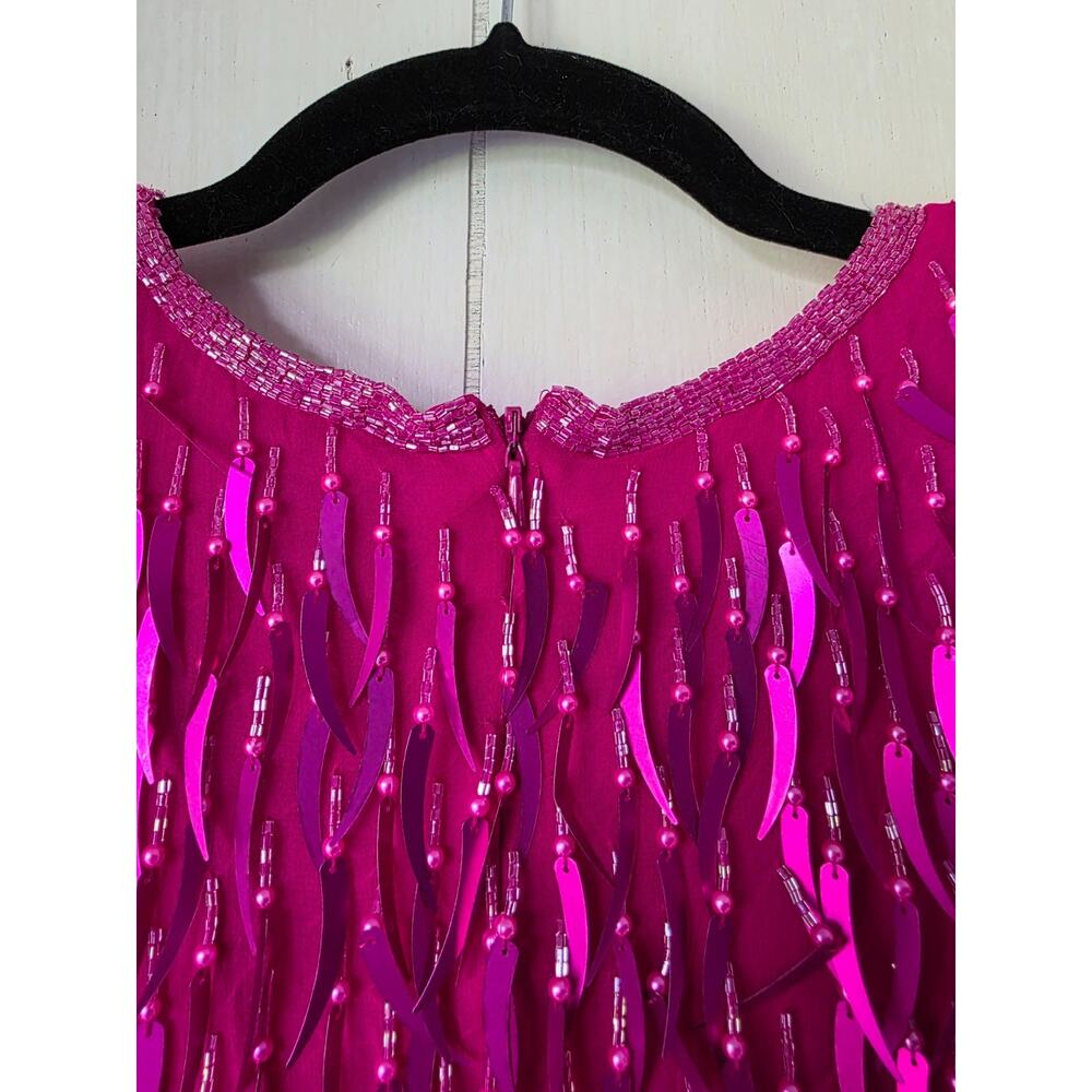 AJ Bari Silk Hot Pink Cattail Sequin Beaded Fringe Vintage Trophy Sheath Dress 6 - Picture 13 of 15